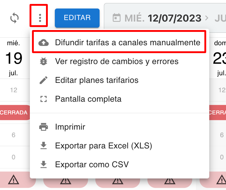 Difundir tarifas manualmente