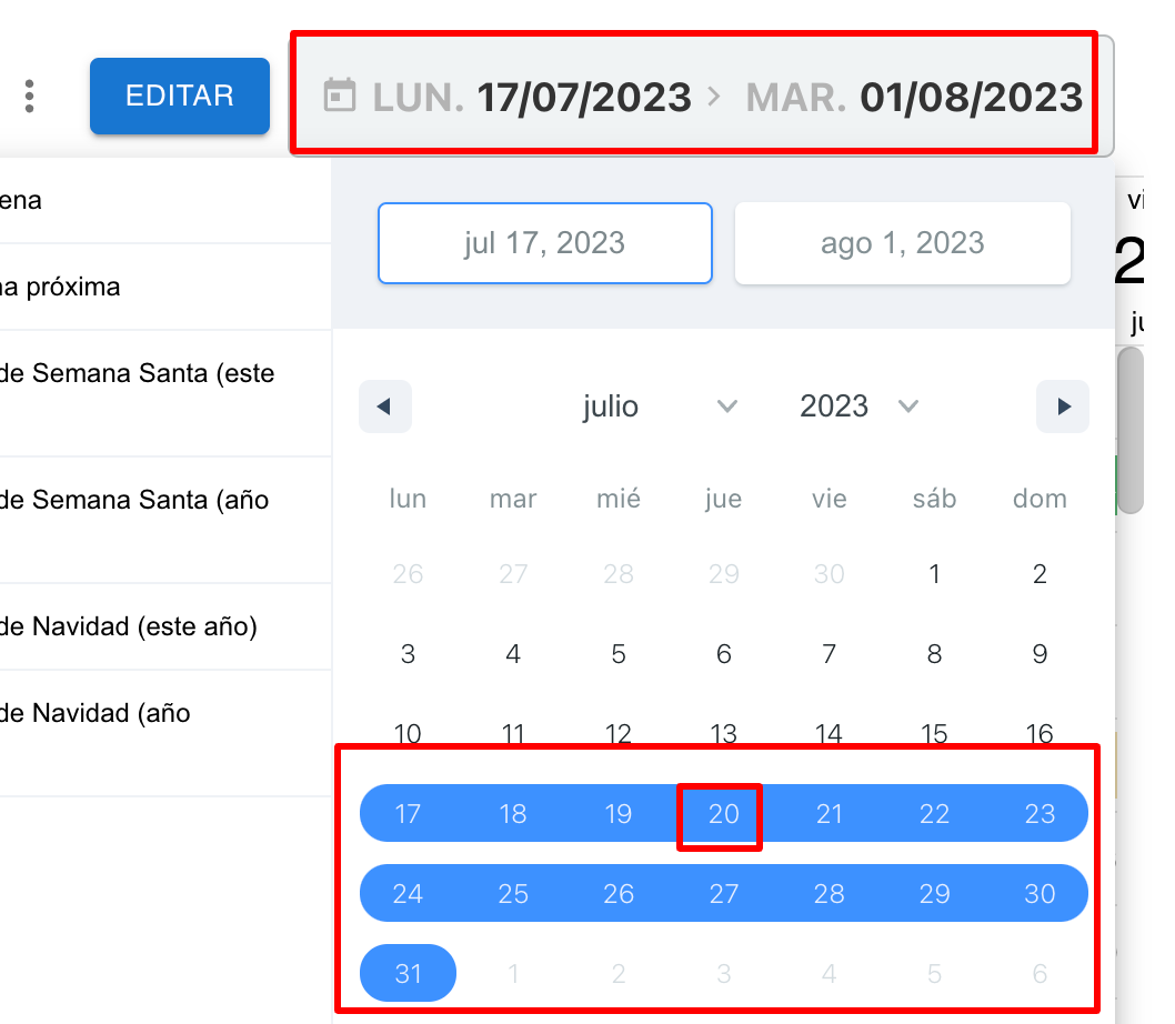 Selección de rango de fechas