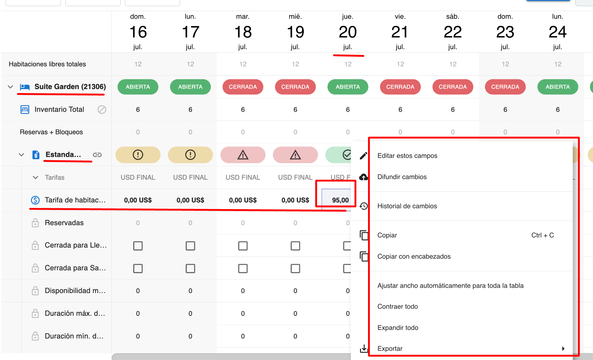 Menú contextual del campo