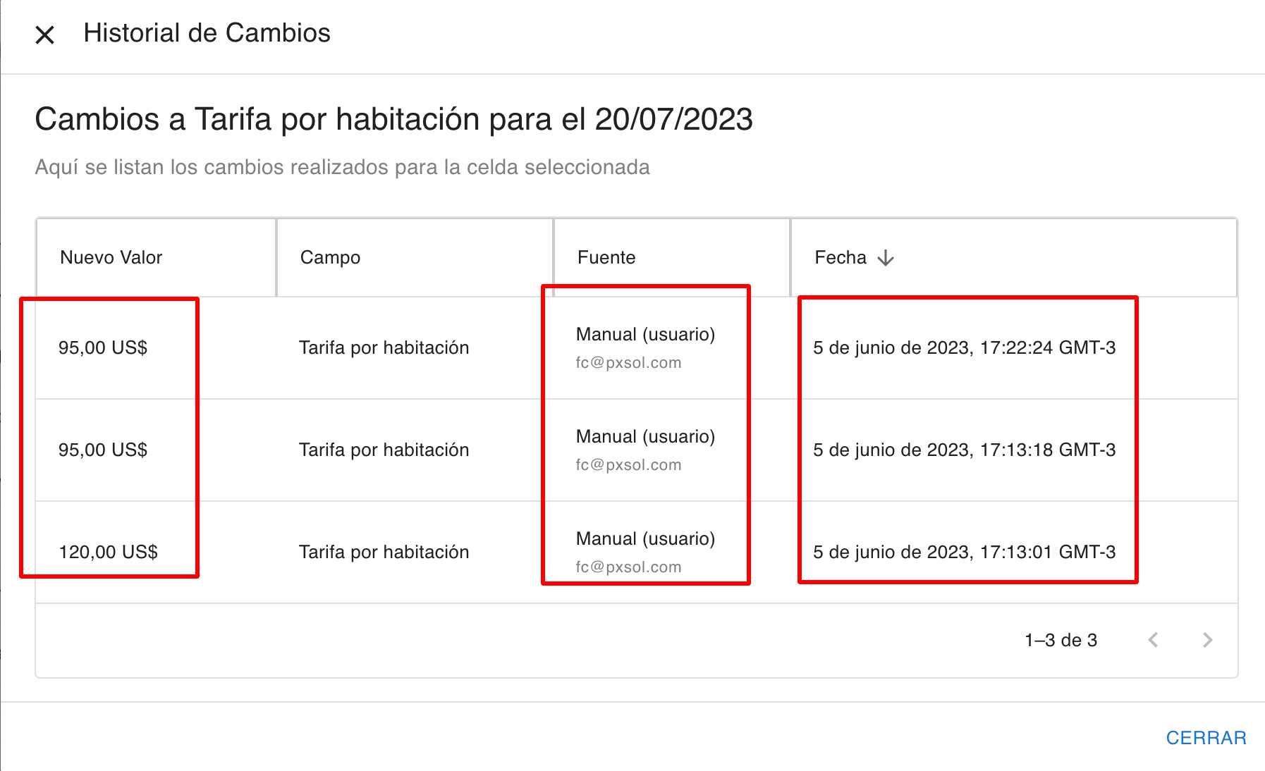 Ventana emergente con historial de cambios