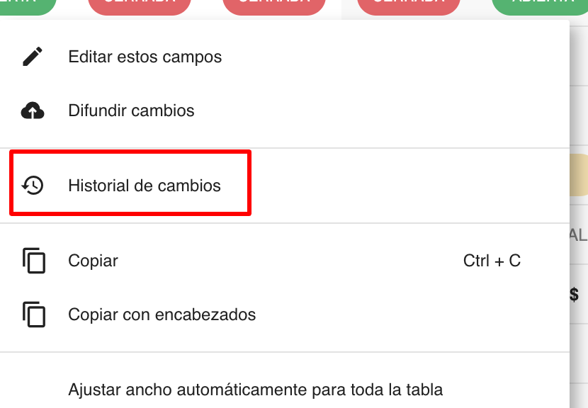 Selección de Historial de cambios