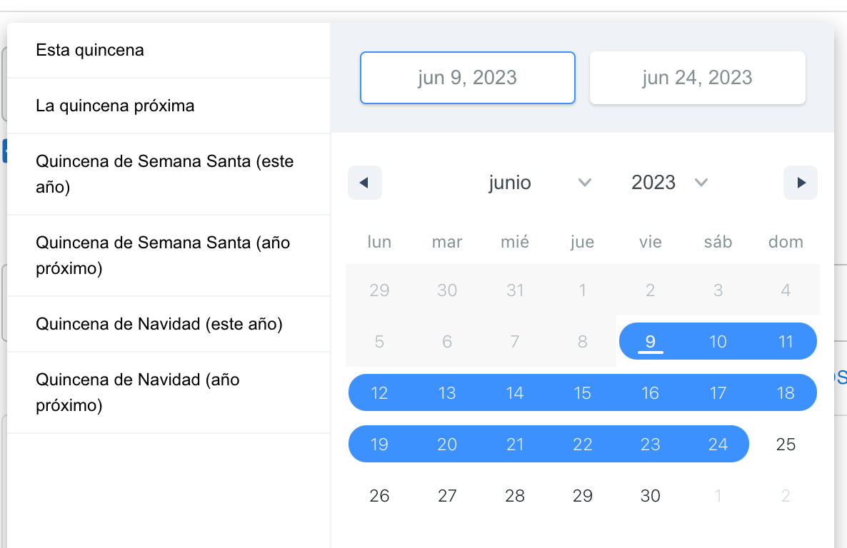 Calendario para seleccionar rango de fechas