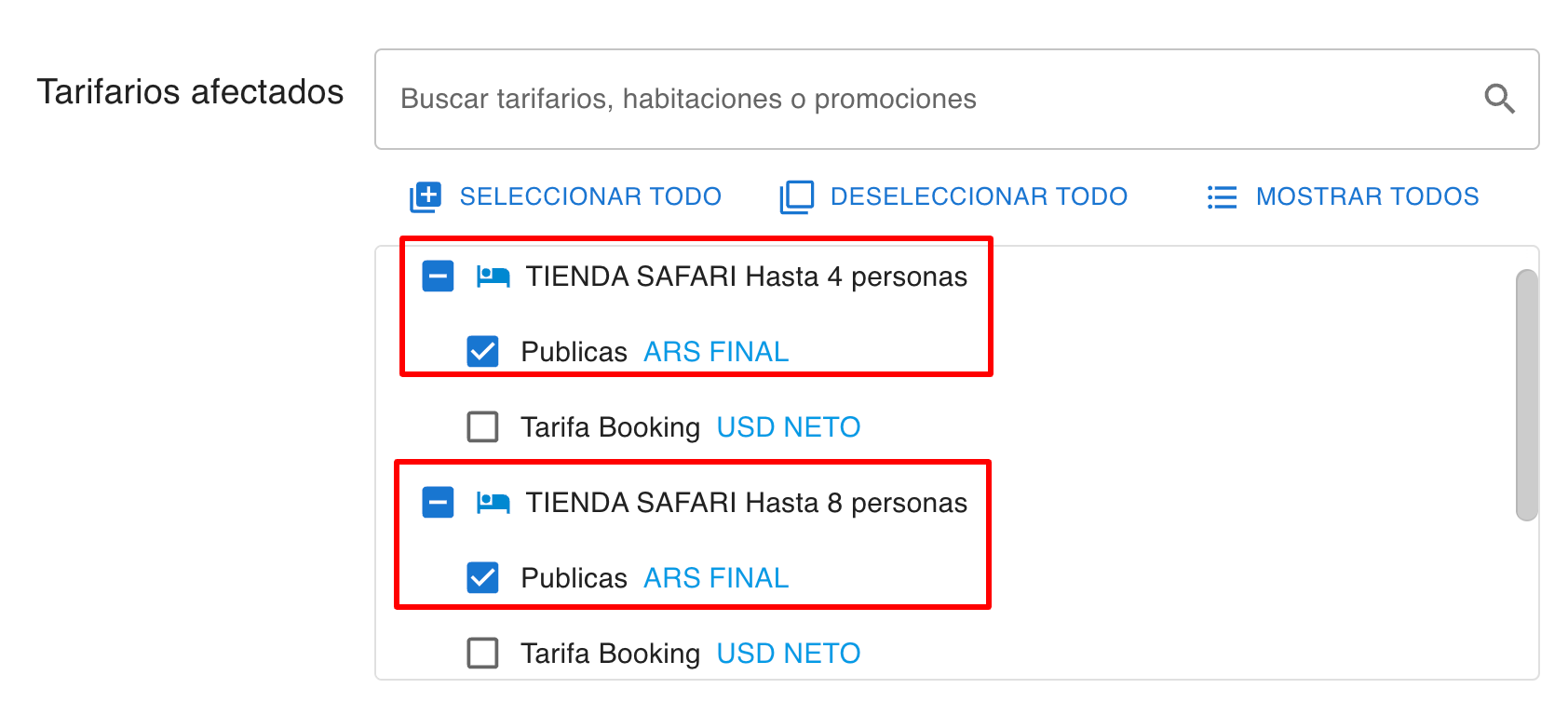 Seleccionar tarifarios afectados