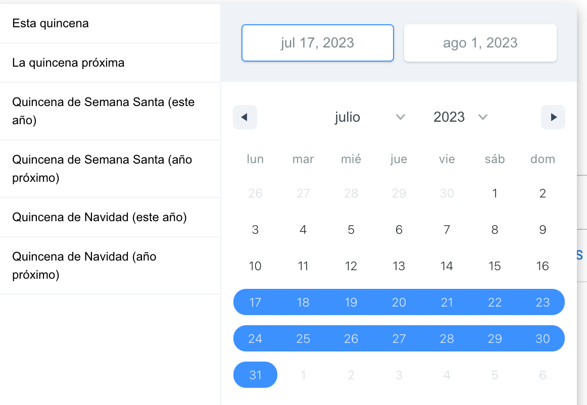 Calendario para seleccionar fechas