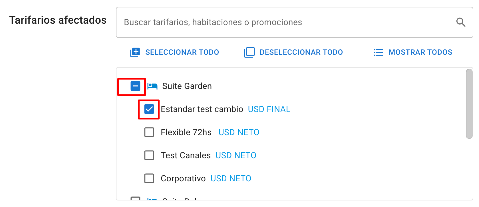Selección de tarifarios afectados