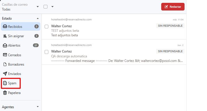 Captura de pantalla mostrando la interfaz de correo con la carpeta SPAM resaltada.