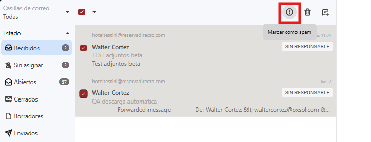 Ejemplo visual del icono de advertencia (SPAM) en un cliente de correo.