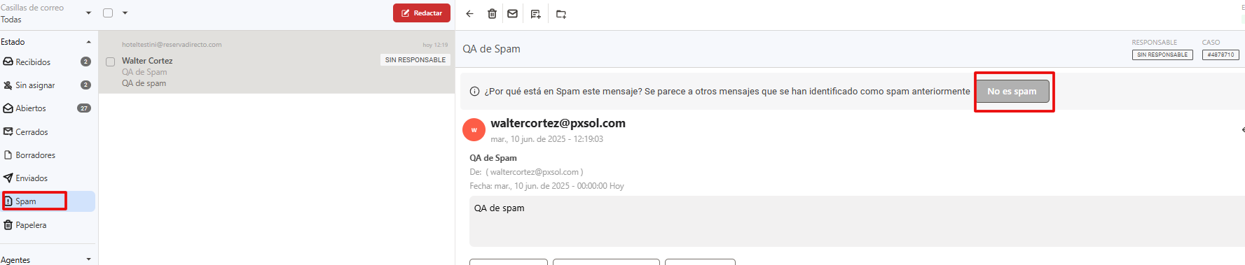 Ejemplo visual de cómo se ve un correo una vez marcado como seguro y devuelto a la bandeja de entrada.