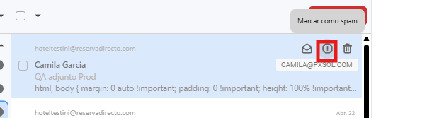 Captura de pantalla mostrando un correo seleccionado con el icono de advertencia (SPAM) resaltado.