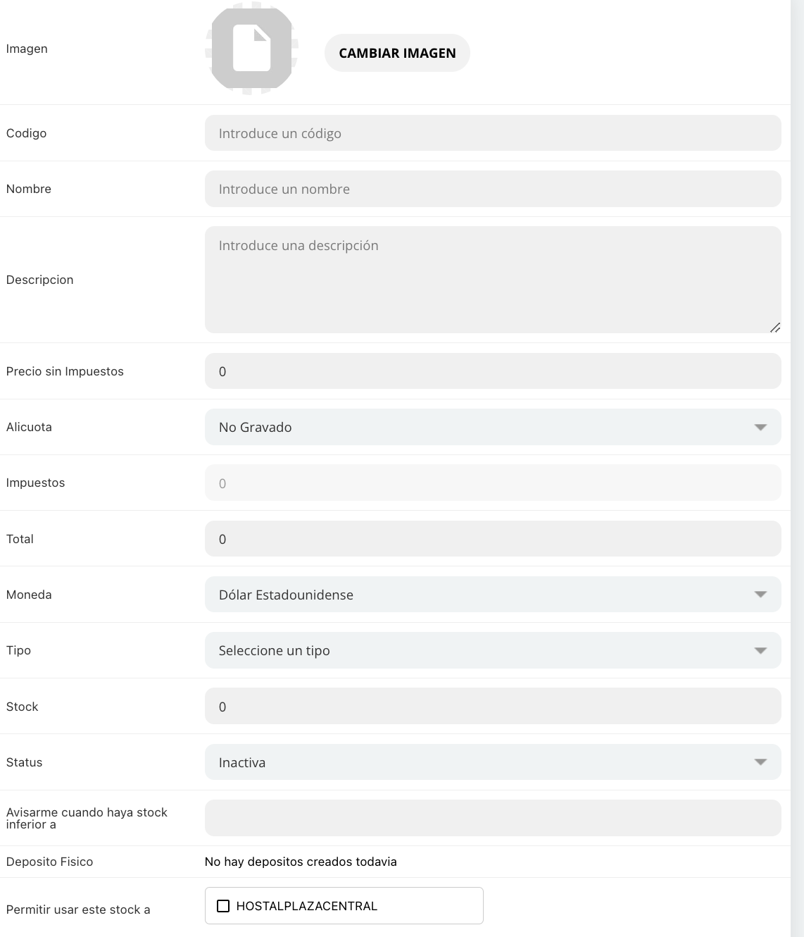 Formulario de creación de ítem