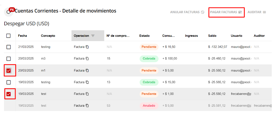 Seleccionar Facturas y opción Pagar Facturas