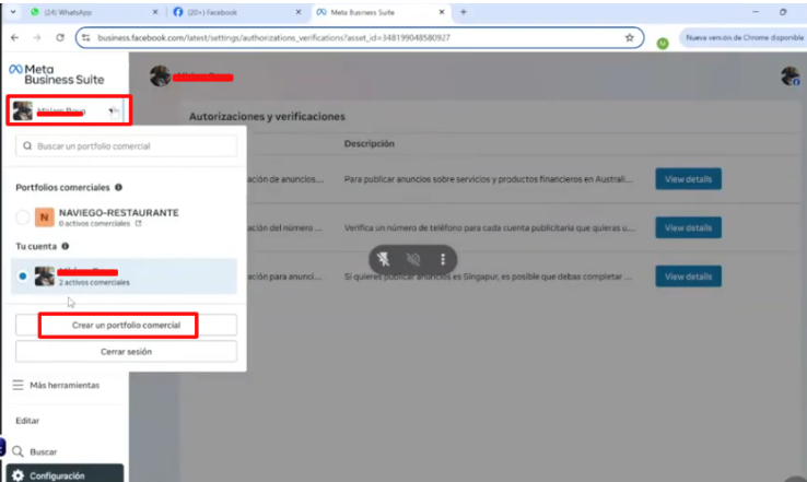Configuración de Meta Business - Crear portafolio comercial