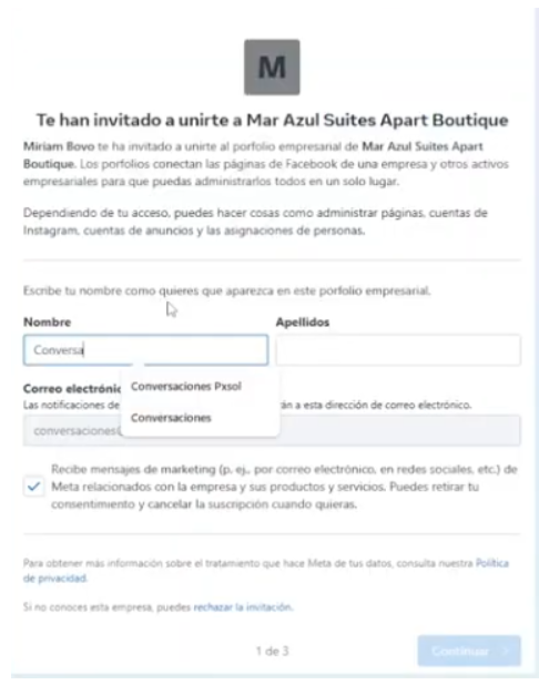 Aceptación de invitación de Facebook