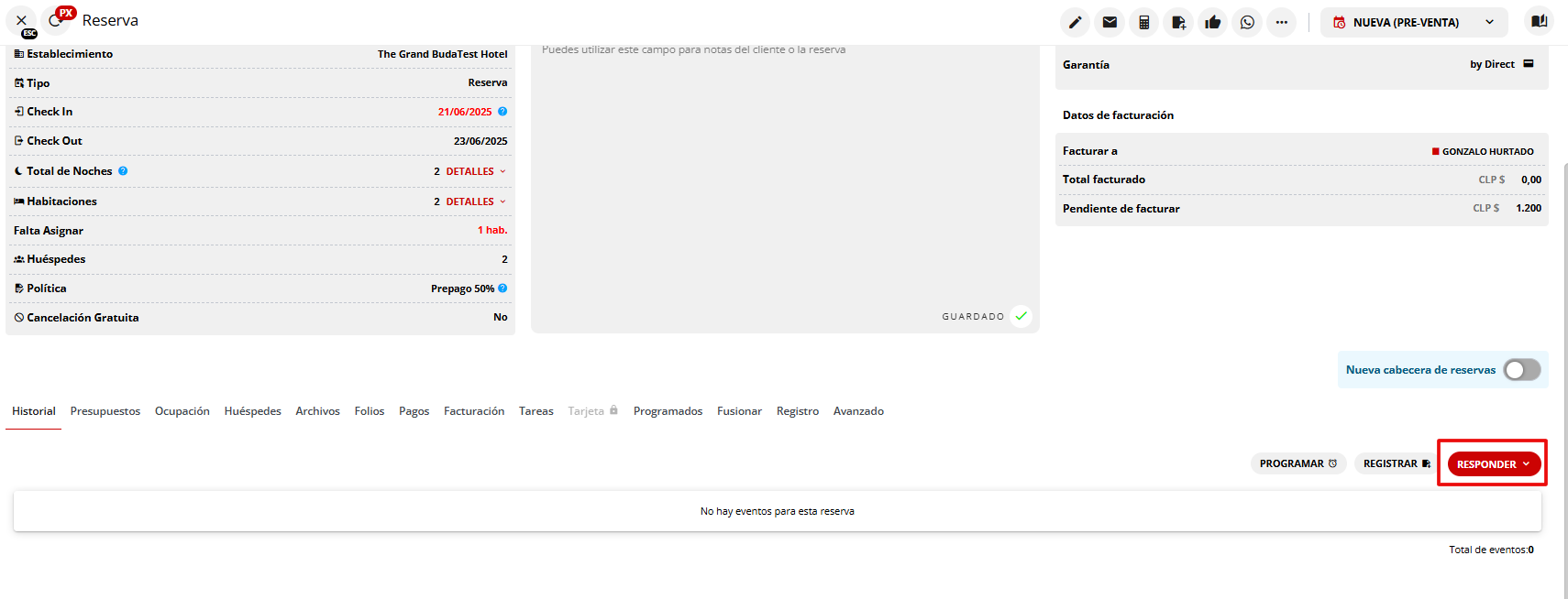 Botón Responder y opciones de contacto