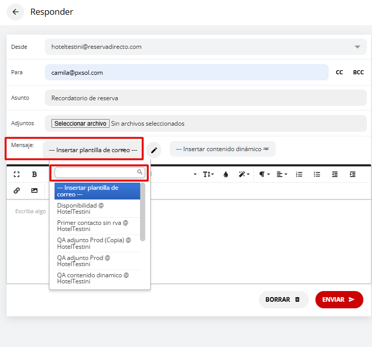 Buscador de plantillas y botón Enviar