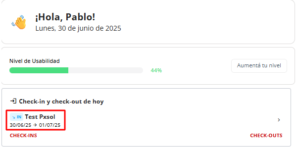 Panel inicial con resumen de reservas.
