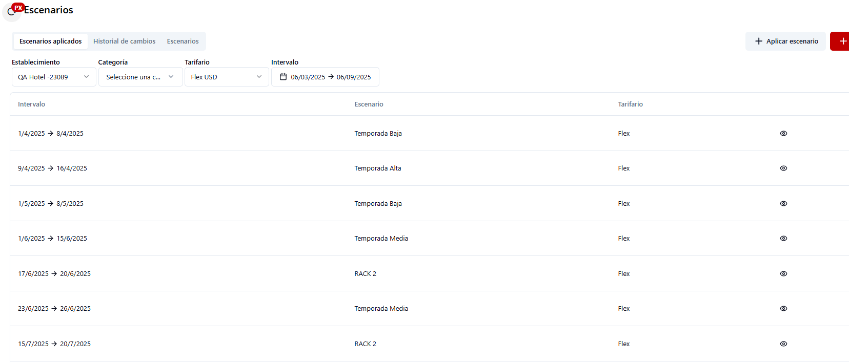 Vista de escenarios aplicados con filtros