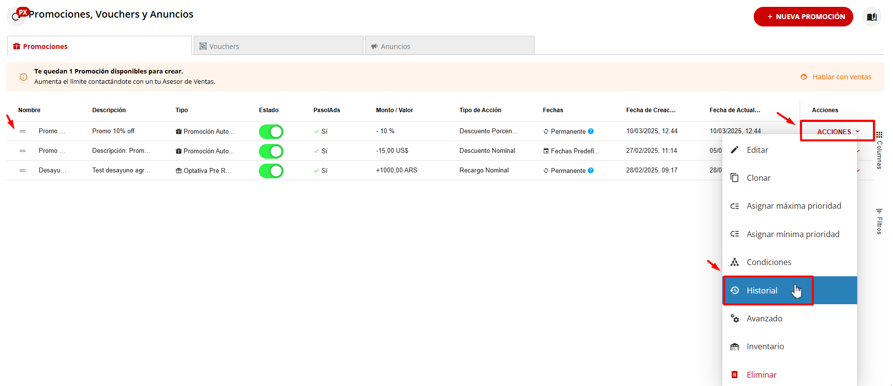 Captura de pantalla mostrando el menú de acciones y la opción historial