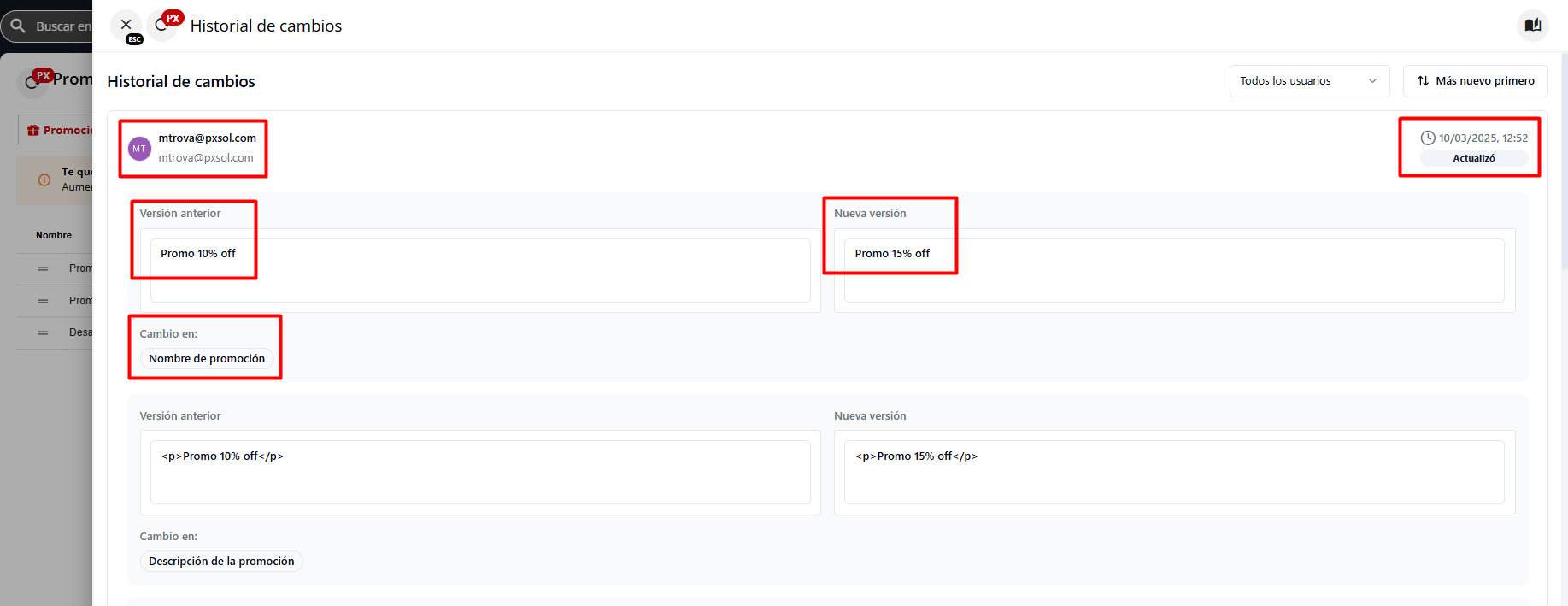 Panel lateral con el historial de modificaciones de una promoción/voucher