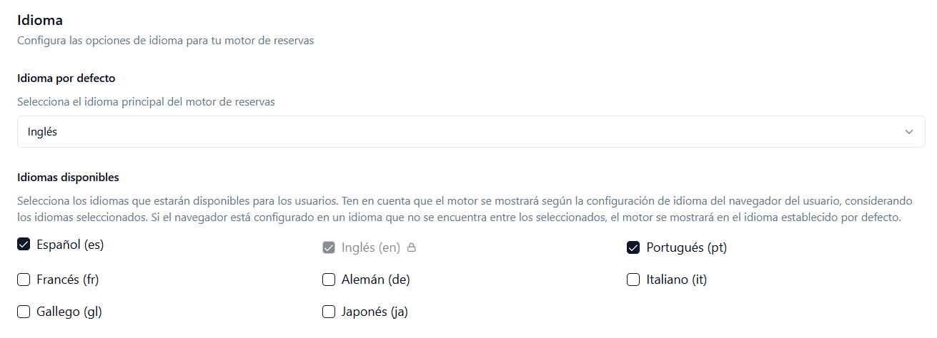 Configuración de idiomas en el motor de reservas