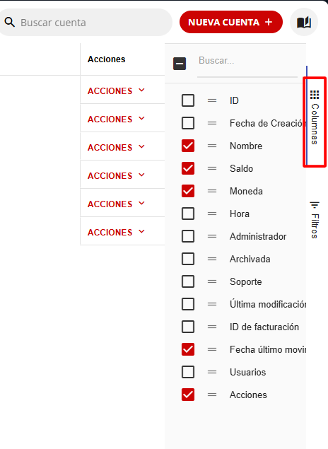Selección de columnas en el listado de Cuentas Corrientes