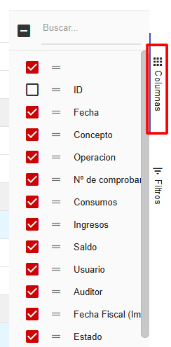 Selección de columnas en el detalle de movimientos