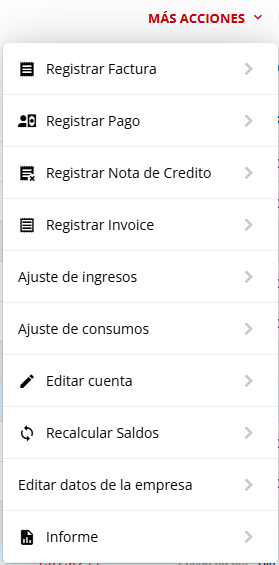 Menú Más Acciones de Cuenta Corriente