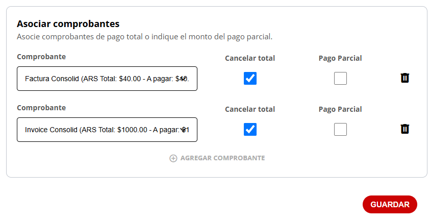 Detalle de asociación de pago a facturas