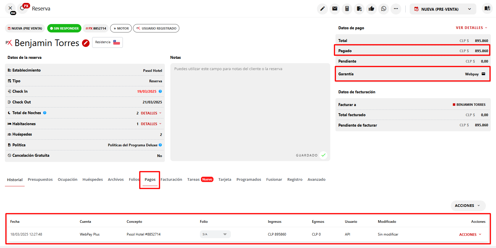 Reserva confirmada con pago exitoso