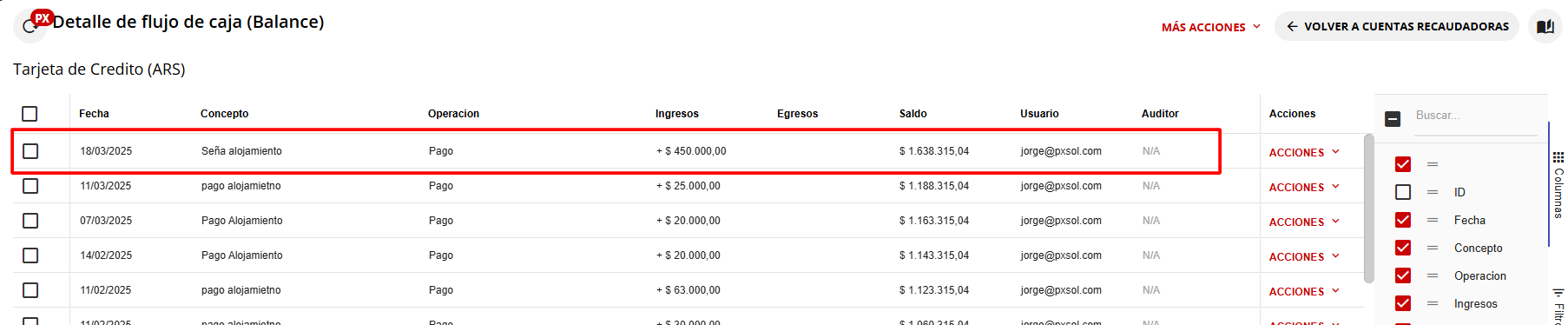 Movimiento registrado en Cuenta Recaudadora