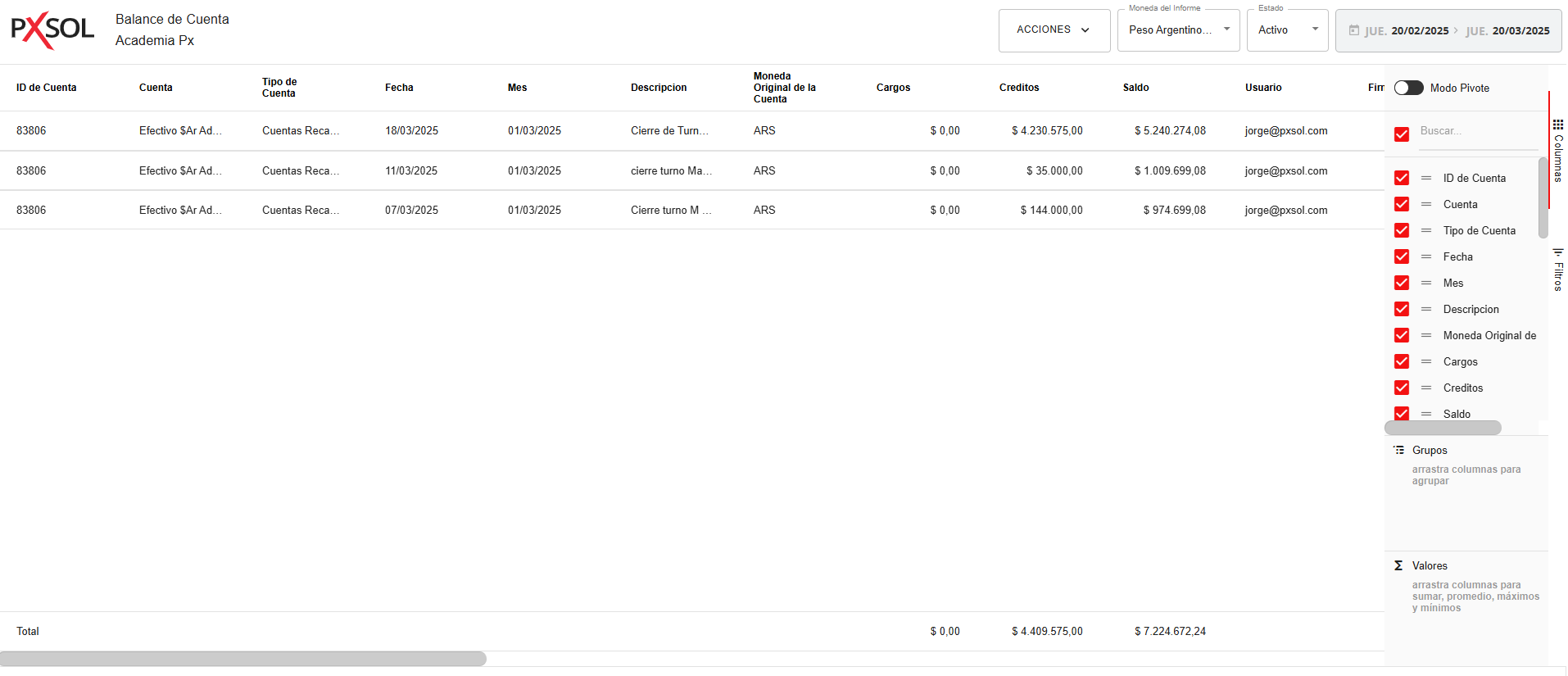 Captura de pantalla mostrando el balance de cuenta con los filtros aplicados.