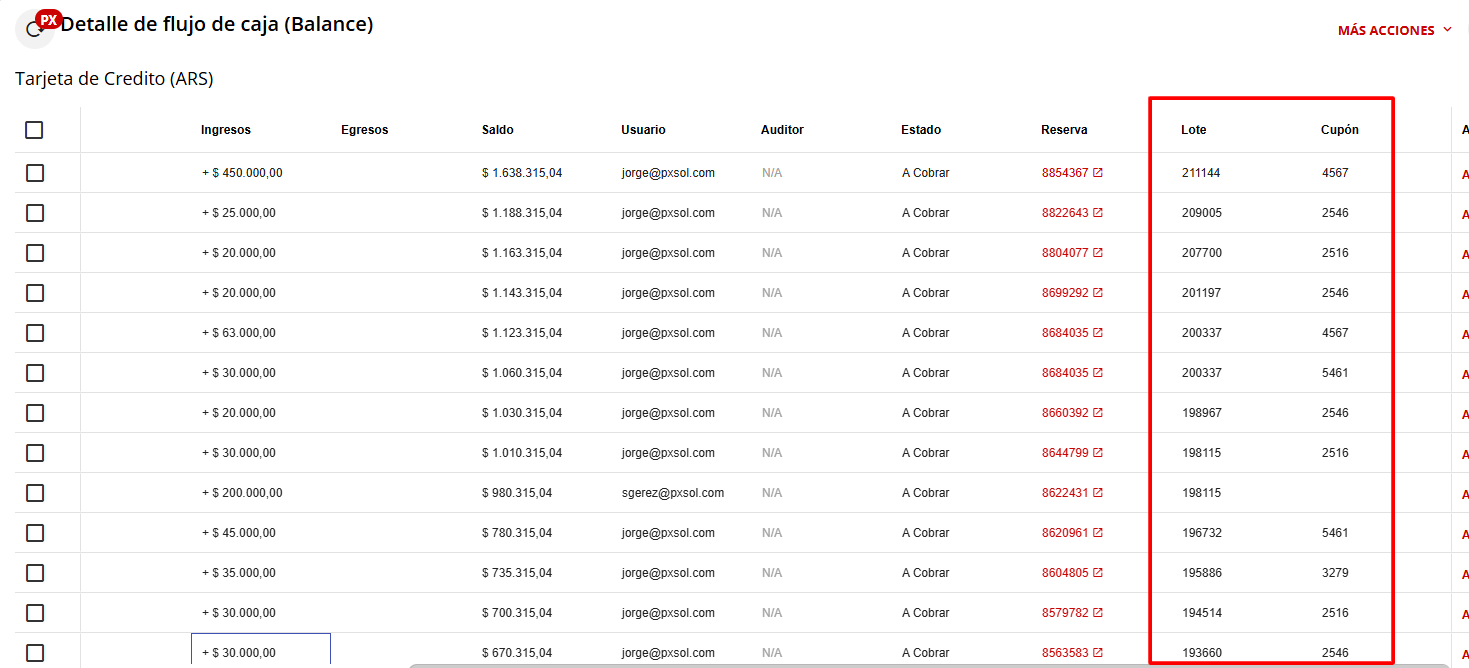 Visualización de datos de Lote y Cupón en movimientos