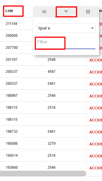 Filtrado de movimientos por Lote