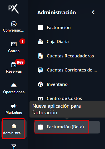 Captura de pantalla de la sección Facturación en Administración