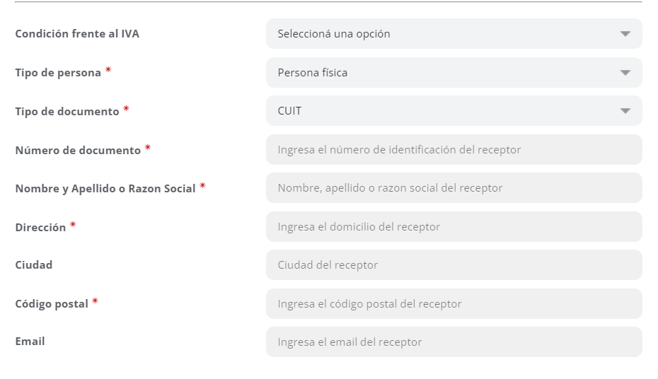 Campos del Receptor según Tipo de Comprobante