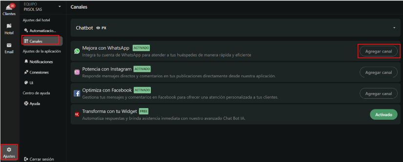 Settings Channels Add Channel