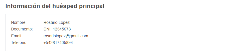 Ejemplo visual de la información del huésped principal.
