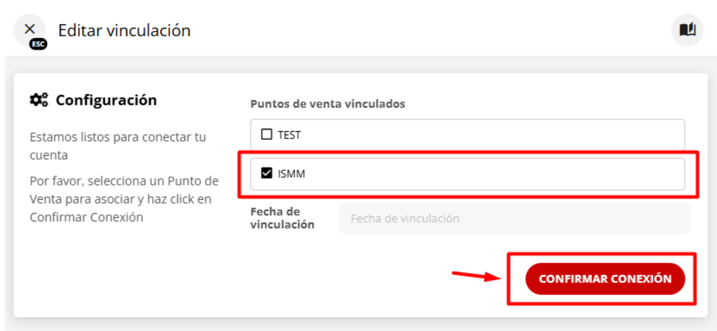 Selección del punto de venta y confirmación de conexión en Mercado Pago