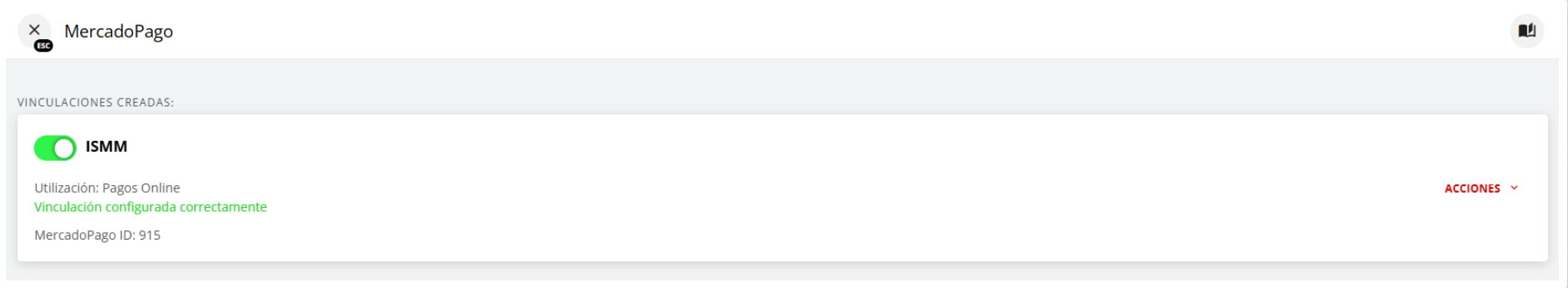 Confirmación visual de la conexión establecida con Mercado Pago