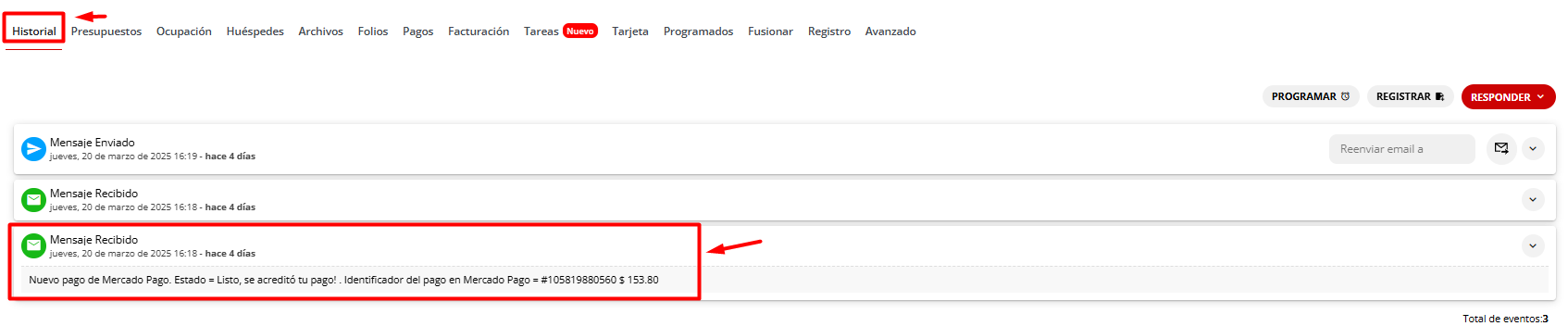 Ejemplo de registro de pago en el historial de la reserva