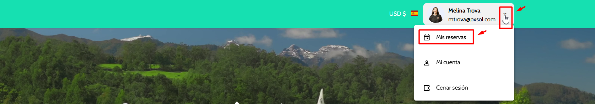 Menú desplegable de opciones de usuario, destacando 'Mis Reservas'