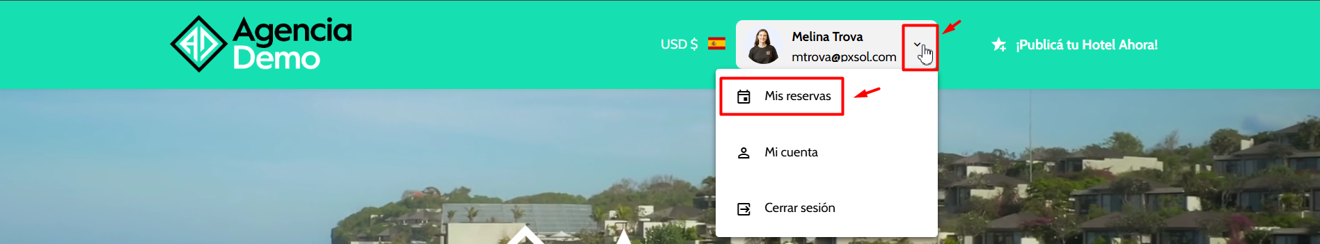 Menú desplegable del perfil mostrando la opción Mis Reservas.