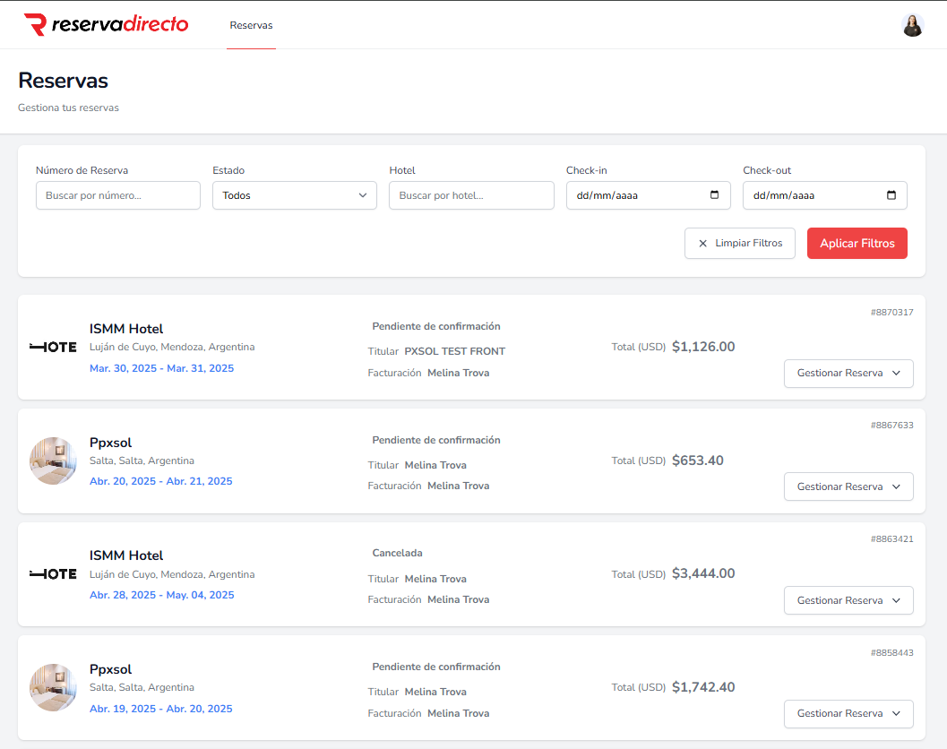 Historial de reservas detallado.