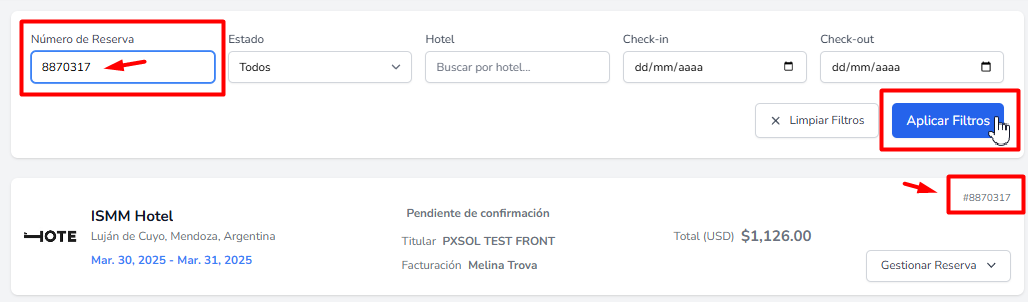 Opciones de filtrado para reservas.