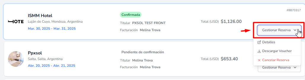 Opciones de gestión de reserva.