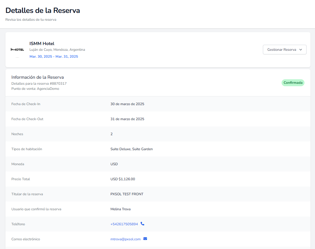 Ventana de detalles de la reserva.