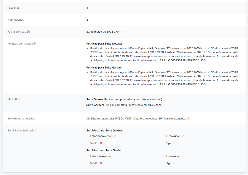 Información detallada de la reserva.