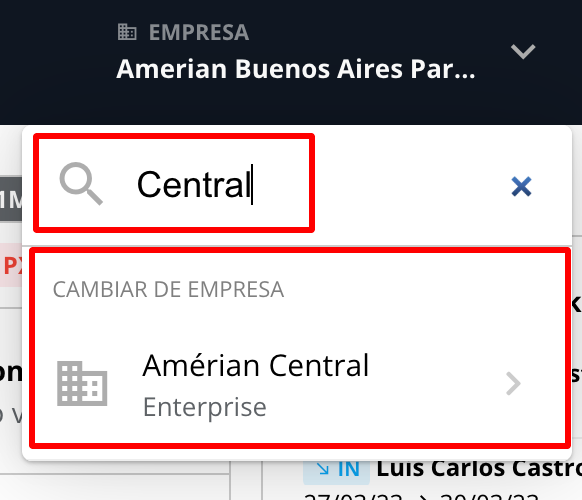 Desplegable para seleccionar la Central de Reservas