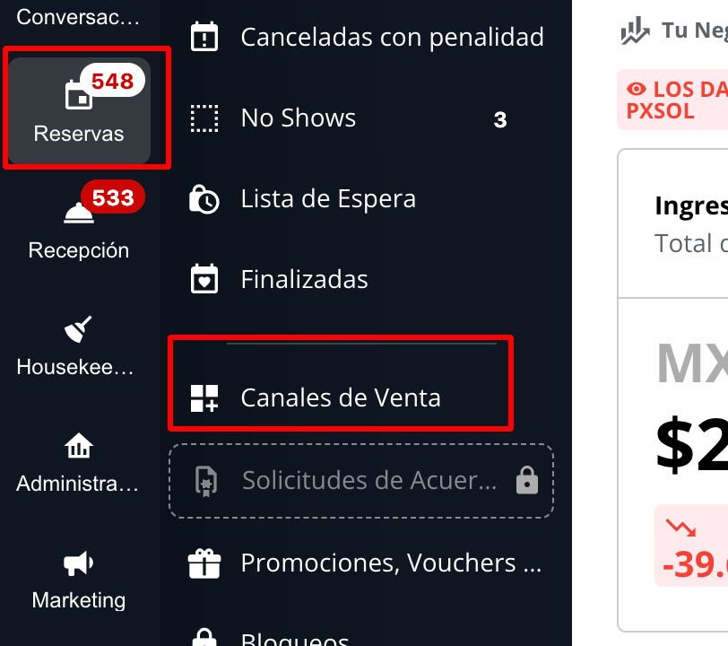 Menú lateral con la opción Reservas