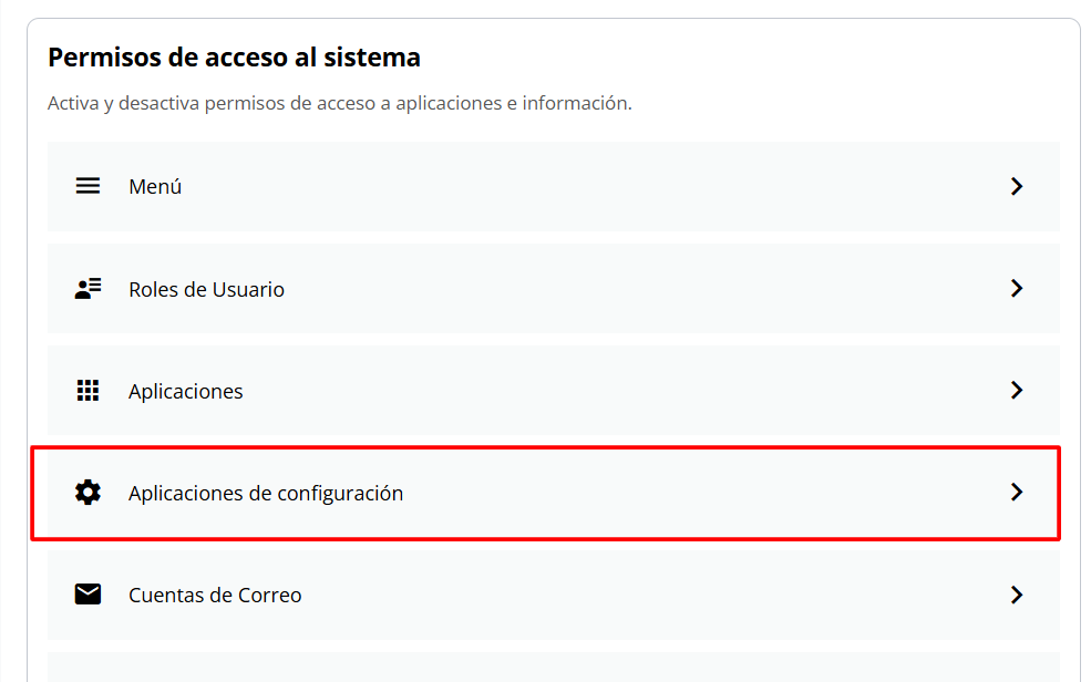 Sección de Aplicaciones de Configuración en la ventana de edición de usuario.